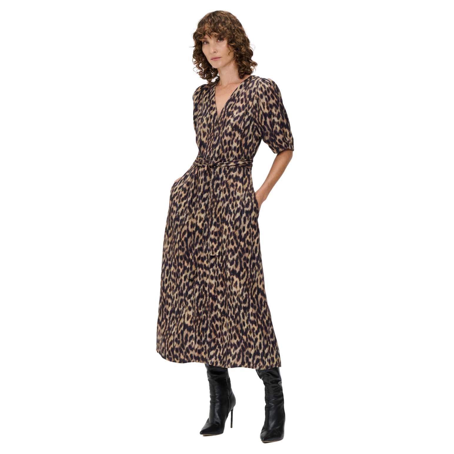 Veronika Maine Leopard Viscose Linen V Neck Dress